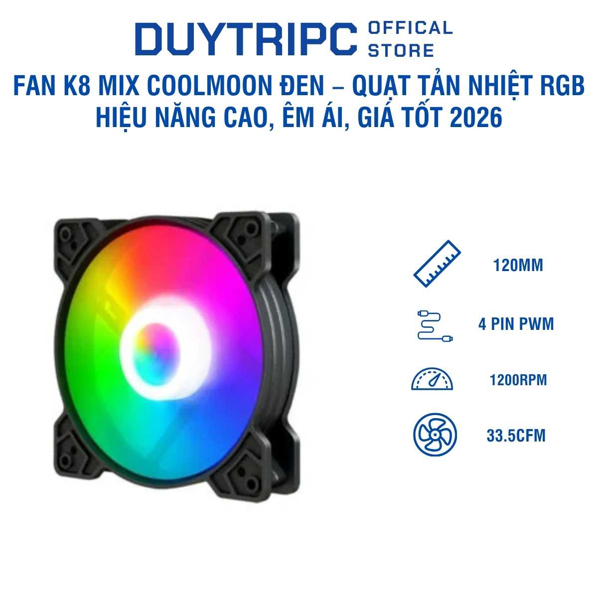 Fan K8 Mix Coolmoon Đen – Quạt Tản Nhiệt RGB Hiệu Năng Cao, Êm Ái, Giá Tốt 2026